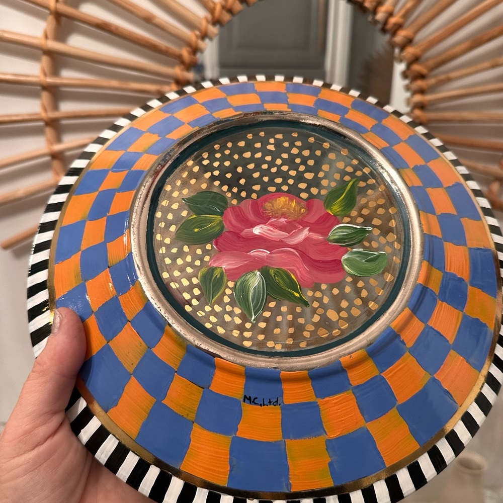 COPY - MacKenzie-Childs RARE plate. rose design, orange and black